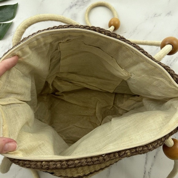 Vintage Woven Basket Tote Bag Purse Brown Black Wood Bead Wool Blend Boho - Picture 6 of 6